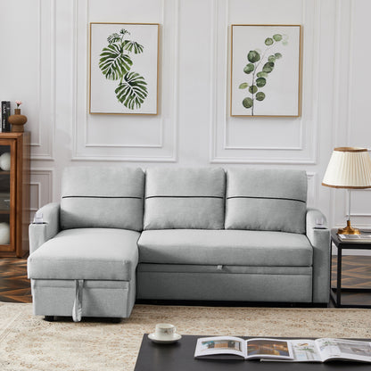 Divano in tessuto grigio 81.9 con chaise longue, struttura in legno, contenitore e ruote in gomma