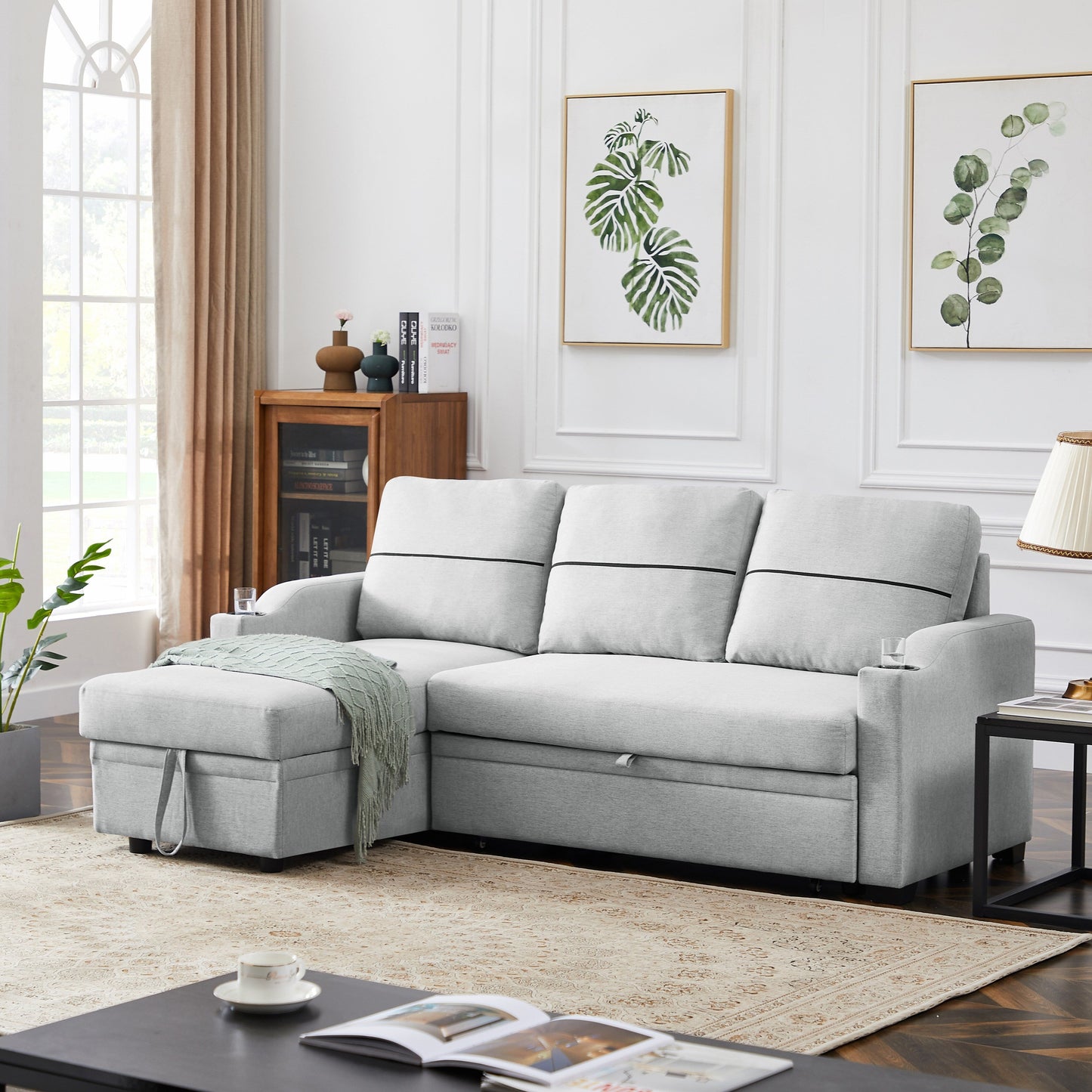Divano in tessuto grigio 81.9 con chaise longue, struttura in legno, contenitore e ruote in gomma