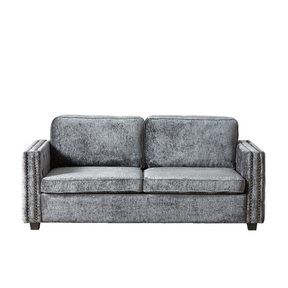 Divano letto a 3 posti in ciniglia grigio 81 con borchie e materasso in memory foam per soggiorno