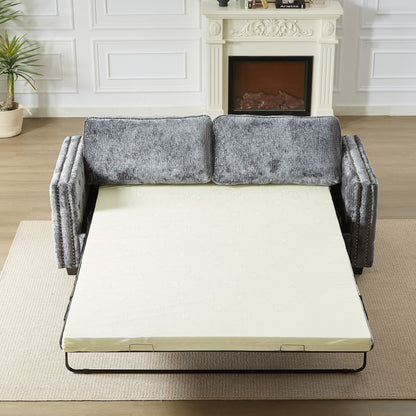 Divano letto a 3 posti in ciniglia grigio 81 con borchie e materasso in memory foam per soggiorno