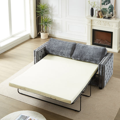 Divano letto a 3 posti in ciniglia grigio 81 con borchie e materasso in memory foam per soggiorno