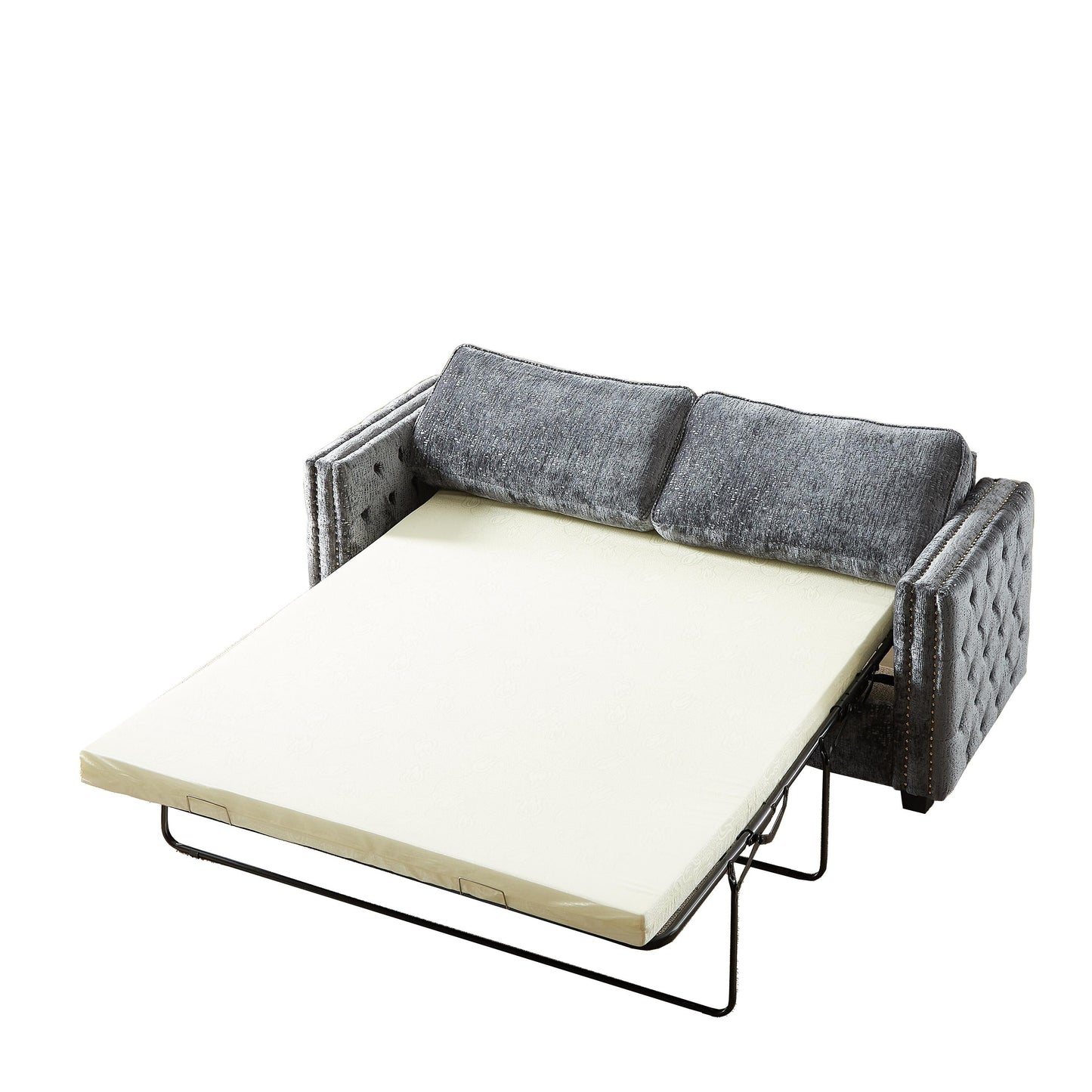 Divano letto a 3 posti in ciniglia grigio 81 con borchie e materasso in memory foam per soggiorno