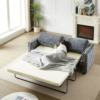 Divano letto a 3 posti in ciniglia grigio 81 con borchie e materasso in memory foam per soggiorno