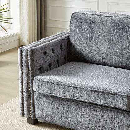 Divano letto a 3 posti in ciniglia grigio 81 con borchie e materasso in memory foam per soggiorno