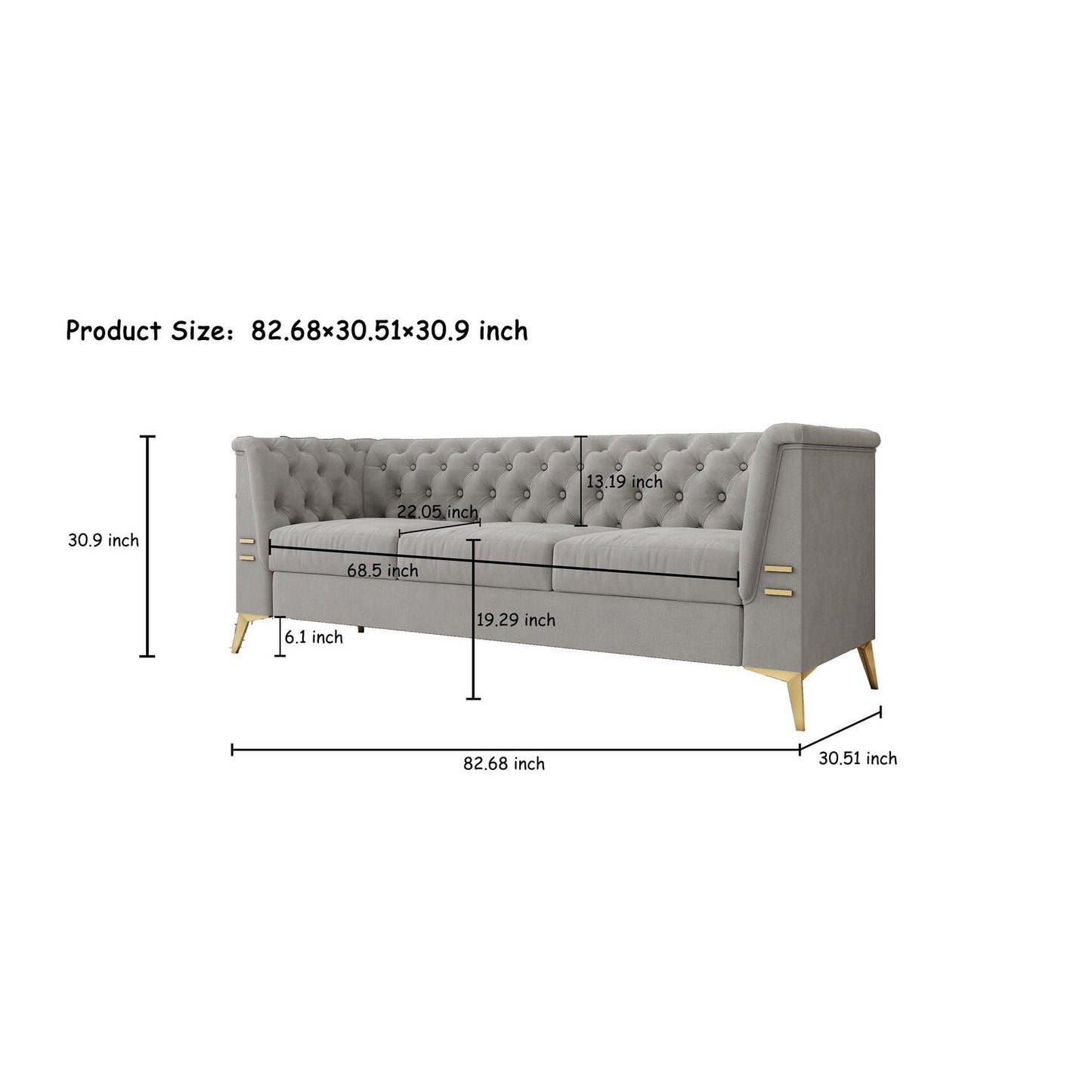 Divano Chesterfield a 3 posti in velluto grigio da 82'' con gambe in metallo dorato, spugna ad alto rimbalzo e cuscini rimovibili