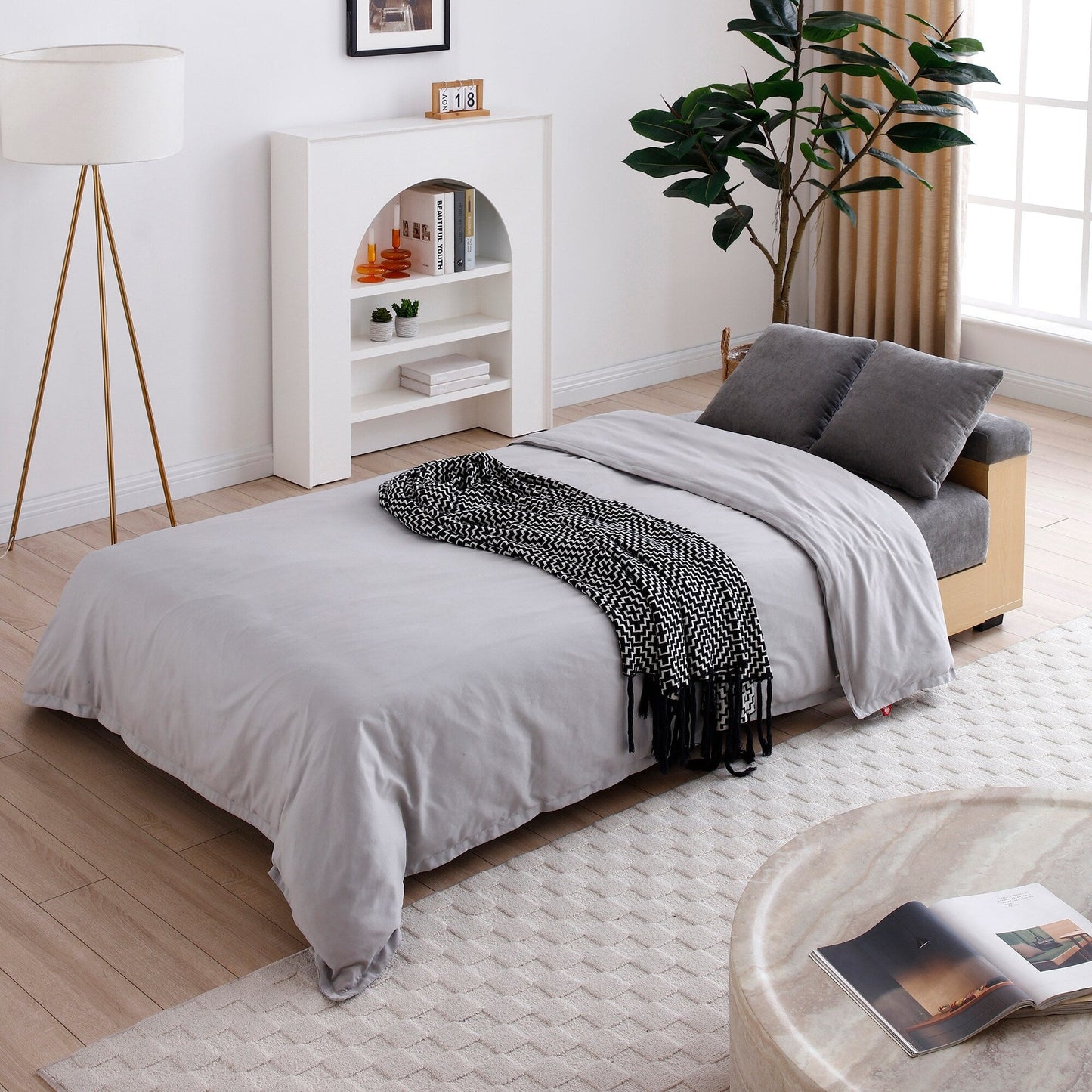 Divano letto trasformabile a 3 posti in cotone e lino grigio 84,65 con pouf contenitore, tavolo a ribalta, 2 cassetti