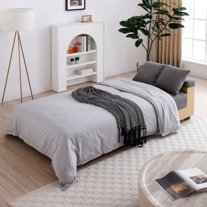 Divano letto trasformabile a 3 posti in cotone e lino grigio 84,65 con pouf contenitore, tavolo a ribalta, 2 cassetti