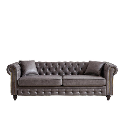 Divano Chesterfield a 3 posti con braccioli arrotolati in tessuto tecnico grigio 85,5 e 2 cuscini per soggiorno