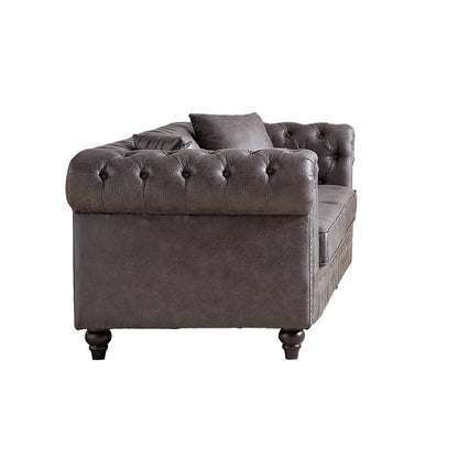 Divano Chesterfield a 3 posti con braccioli arrotolati in tessuto tecnico grigio 85,5 e 2 cuscini per soggiorno