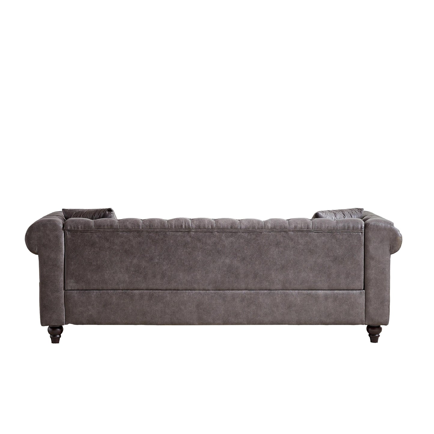 Divano Chesterfield a 3 posti con braccioli arrotolati in tessuto tecnico grigio 85,5 e 2 cuscini per soggiorno