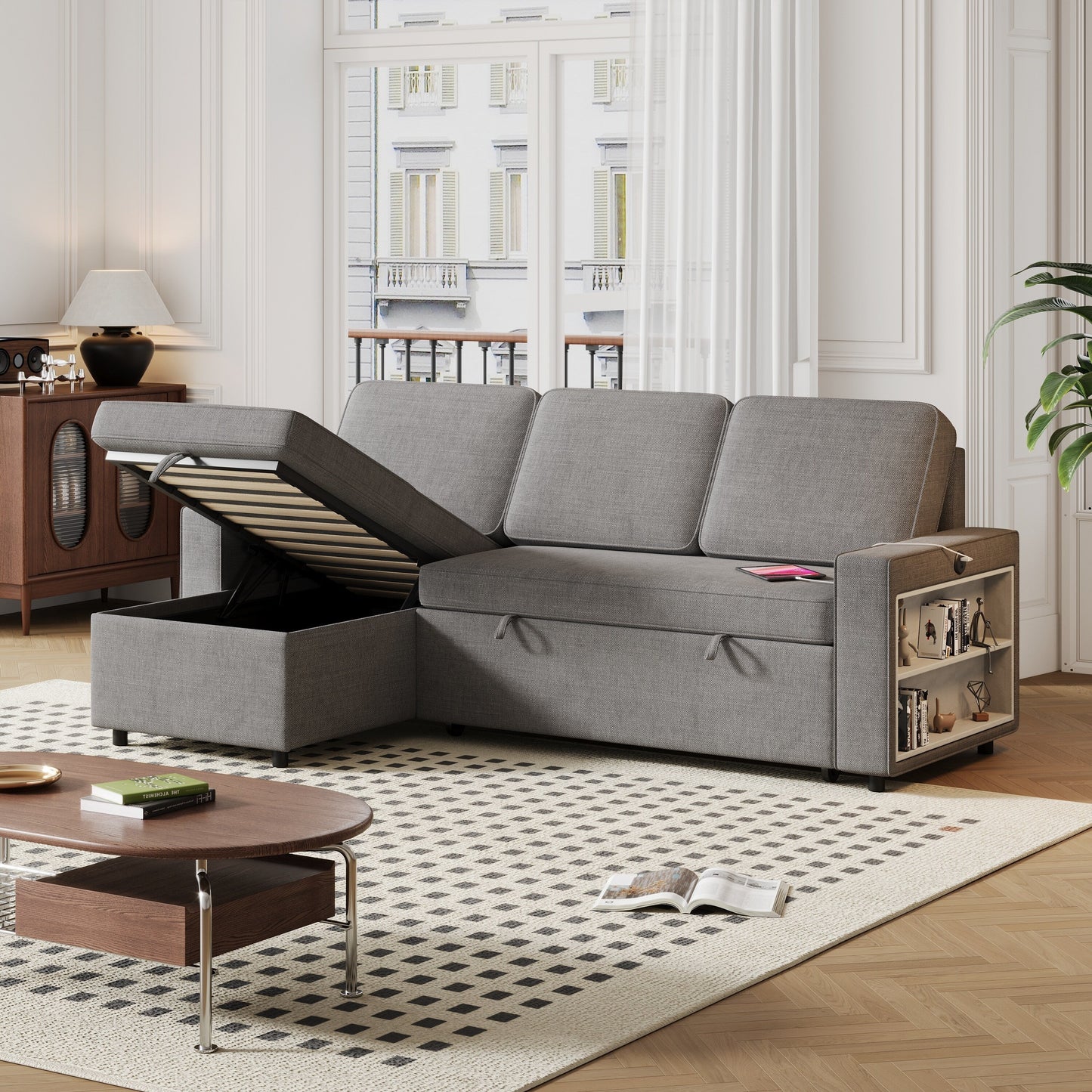 Divano letto a L in tessuto grigio da 85,8'' con chaise longue contenitore, porta USB, letto estraibile e ripiani portaoggetti
