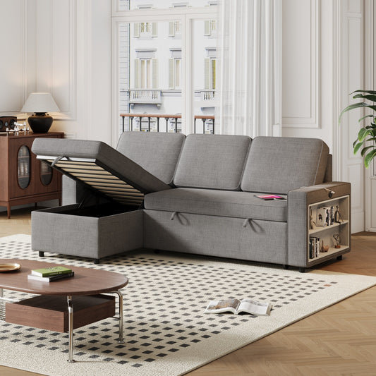 Divano letto a L in tessuto grigio da 85,8'' con chaise longue contenitore, porta USB, letto estraibile e ripiani portaoggetti