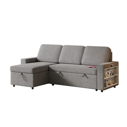 Divano letto a L in tessuto grigio da 85,8'' con chaise longue contenitore, porta USB, letto estraibile e ripiani portaoggetti