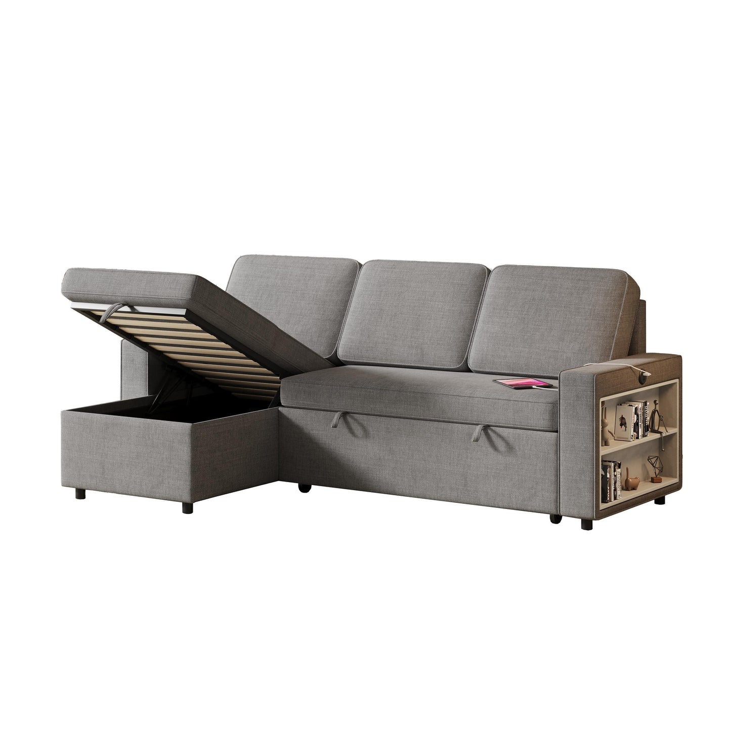 Divano letto a L in tessuto grigio da 85,8'' con chaise longue contenitore, porta USB, letto estraibile e ripiani portaoggetti