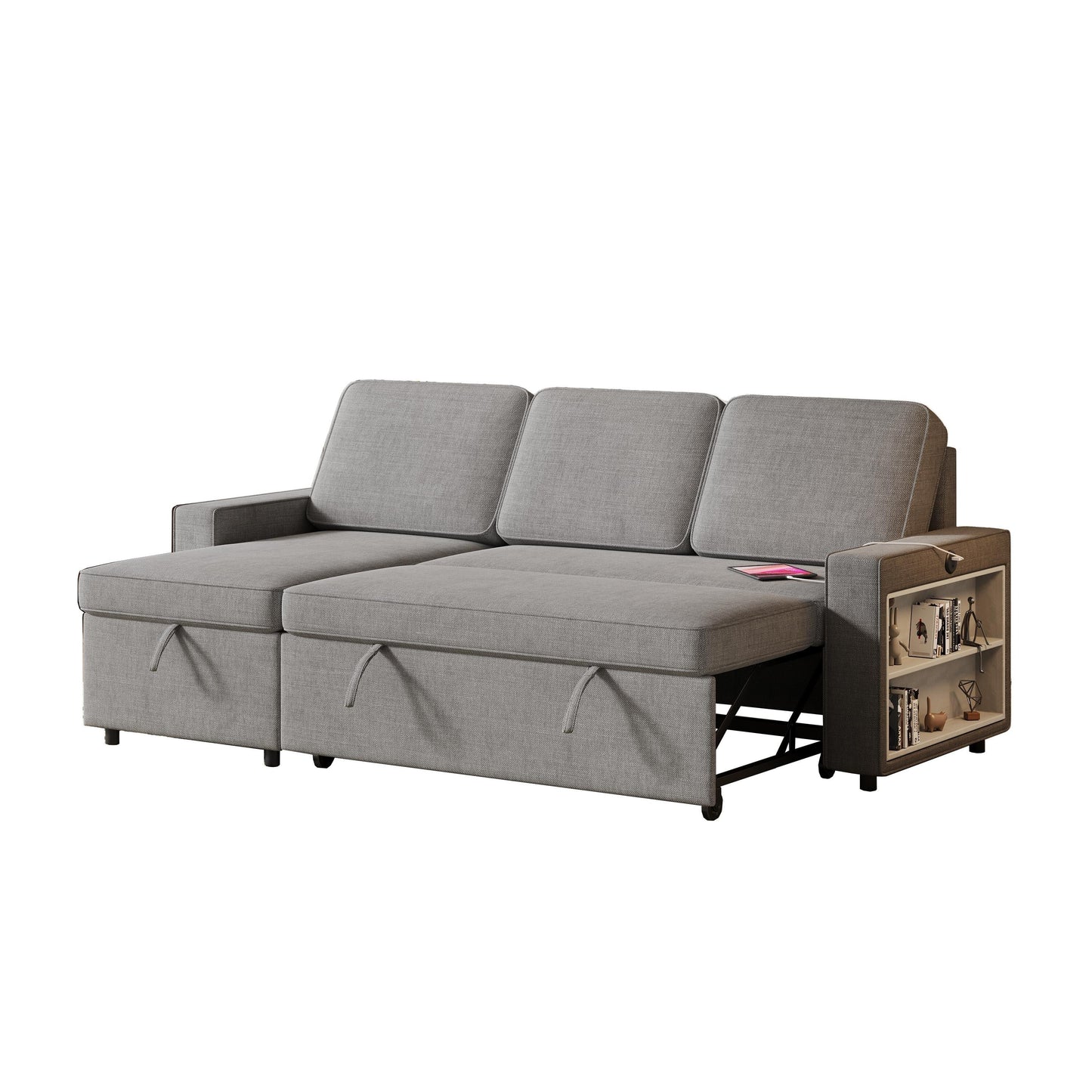 Divano letto a L in tessuto grigio da 85,8'' con chaise longue contenitore, porte USB, letto estraibile e ripiani portaoggetti