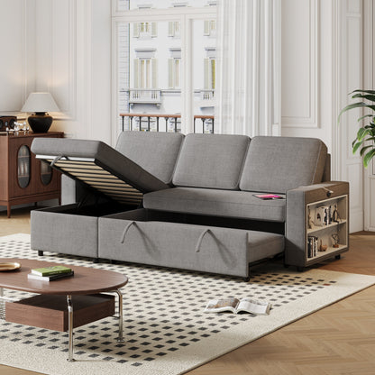 Divano letto a L in tessuto grigio da 85,8'' con chaise longue contenitore, porte USB, letto estraibile e ripiani portaoggetti