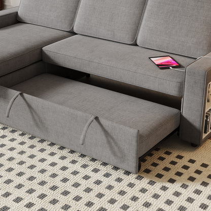 Divano letto a L in tessuto grigio da 85,8'' con chaise longue contenitore, porte USB, letto estraibile e ripiani portaoggetti
