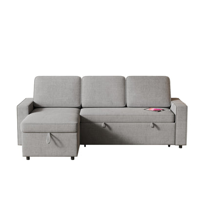 Divano letto a L in tessuto grigio da 85,8'' con chaise longue contenitore, porte USB, letto estraibile e ripiani portaoggetti