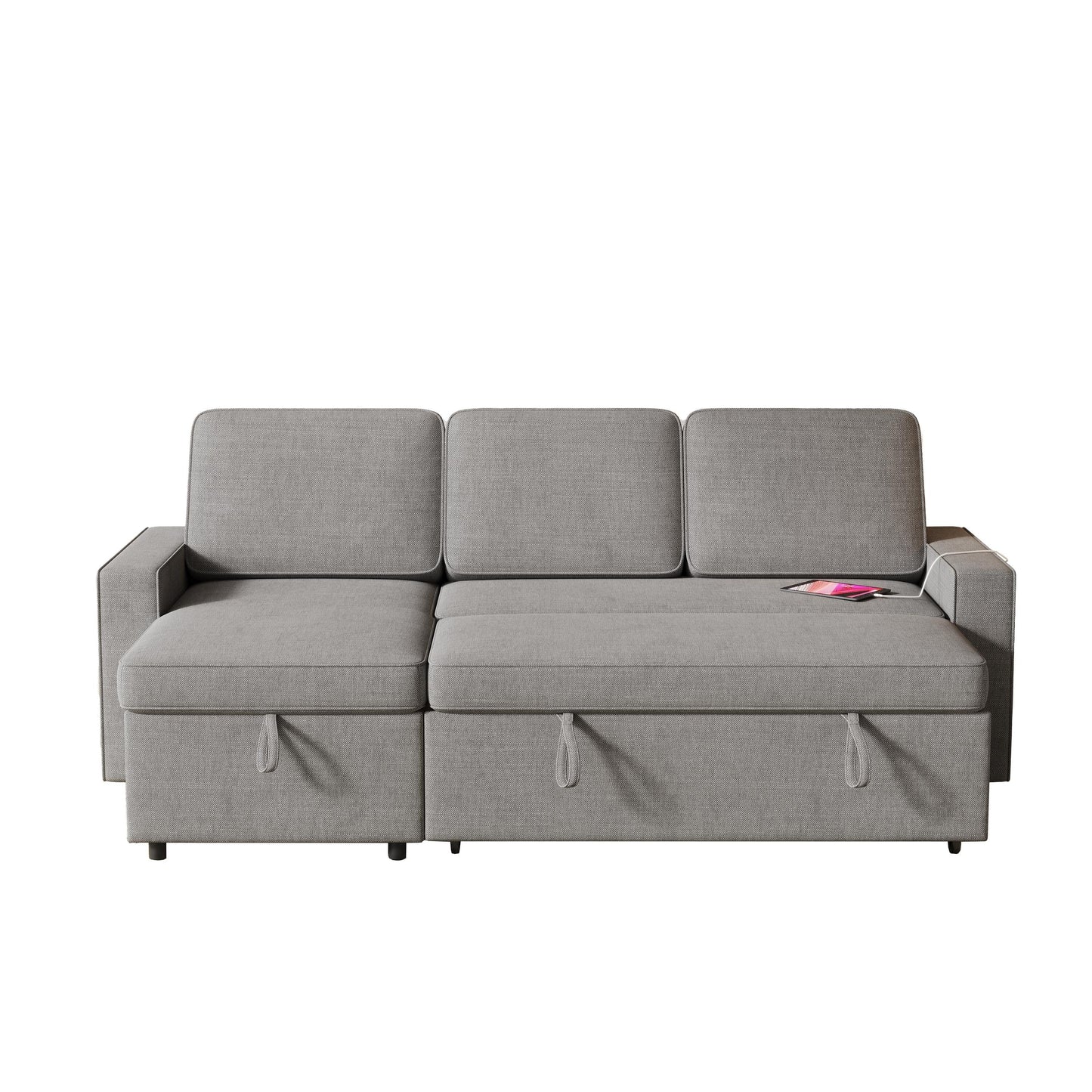 Divano letto a L in tessuto grigio da 85,8'' con chaise longue contenitore, porte USB, letto estraibile e ripiani portaoggetti