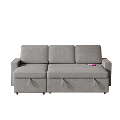 Divano letto a L in tessuto grigio da 85,8'' con chaise longue contenitore, porte USB, letto estraibile e ripiani portaoggetti