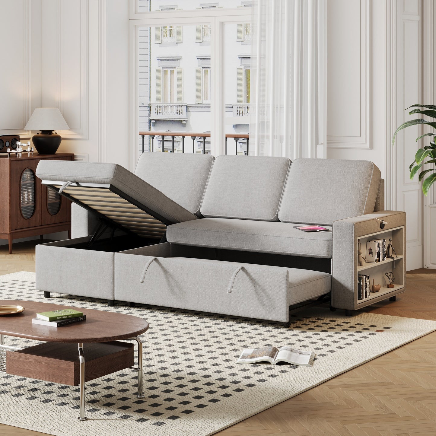 Divano letto a 3 posti in tessuto grigio a forma di L da 85,8'' con letto estraibile, chaise longue contenitore, porta USB e ripiani portaoggetti