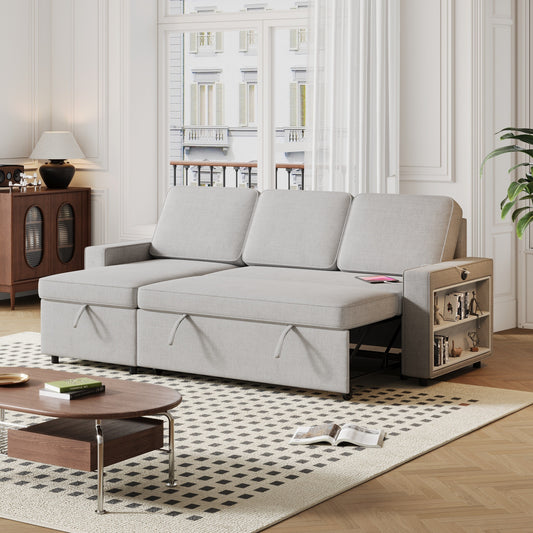 Divano letto a 3 posti in tessuto grigio a forma di L da 85,8'' con letto estraibile, chaise longue contenitore, porta USB e ripiani portaoggetti