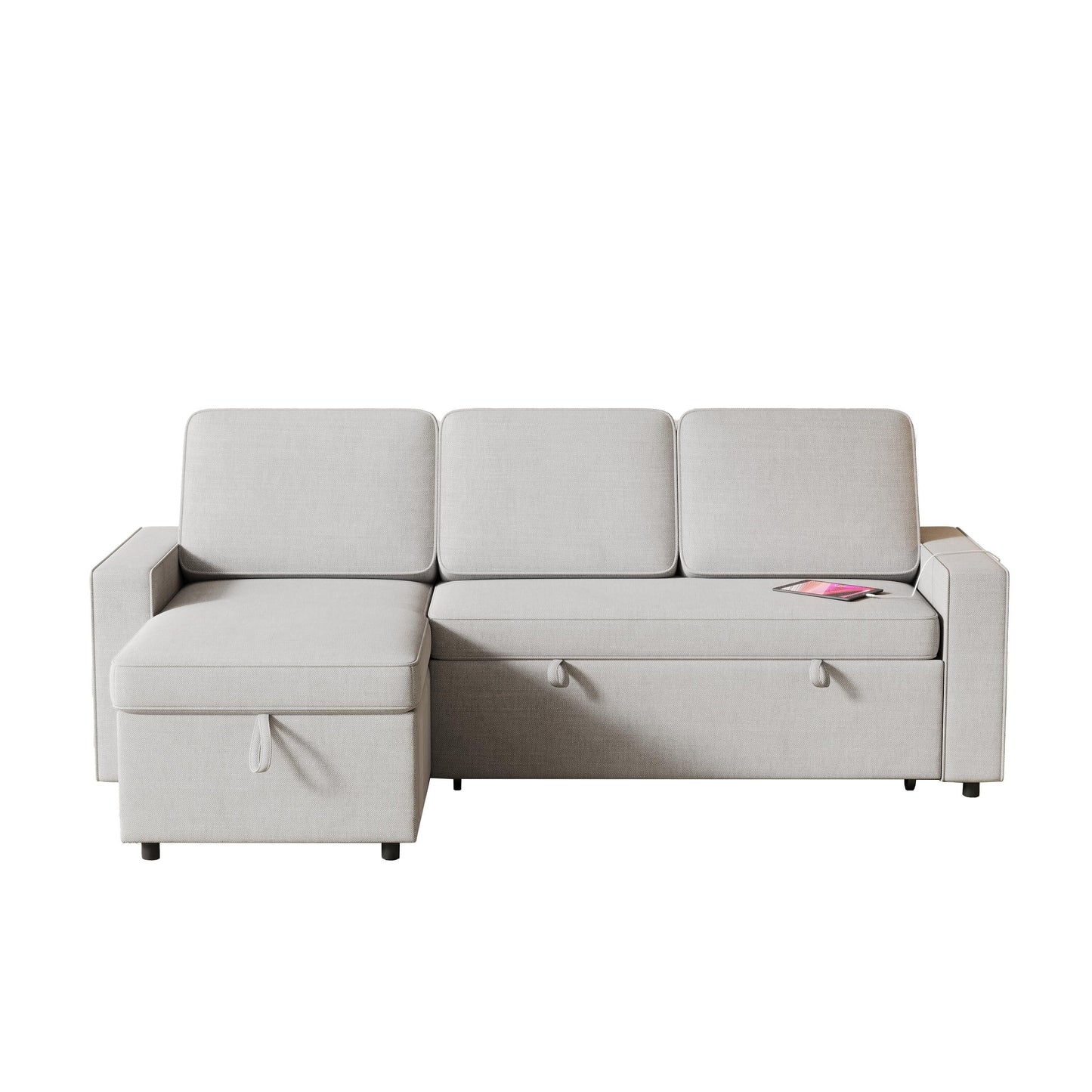 Divano letto a 3 posti in tessuto grigio a forma di L da 85,8'' con letto estraibile, chaise longue contenitore, porta USB e ripiani portaoggetti