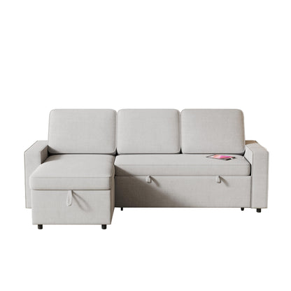 Divano letto a 3 posti in tessuto grigio a forma di L da 85,8'' con letto estraibile, chaise longue contenitore, porta USB e ripiani portaoggetti