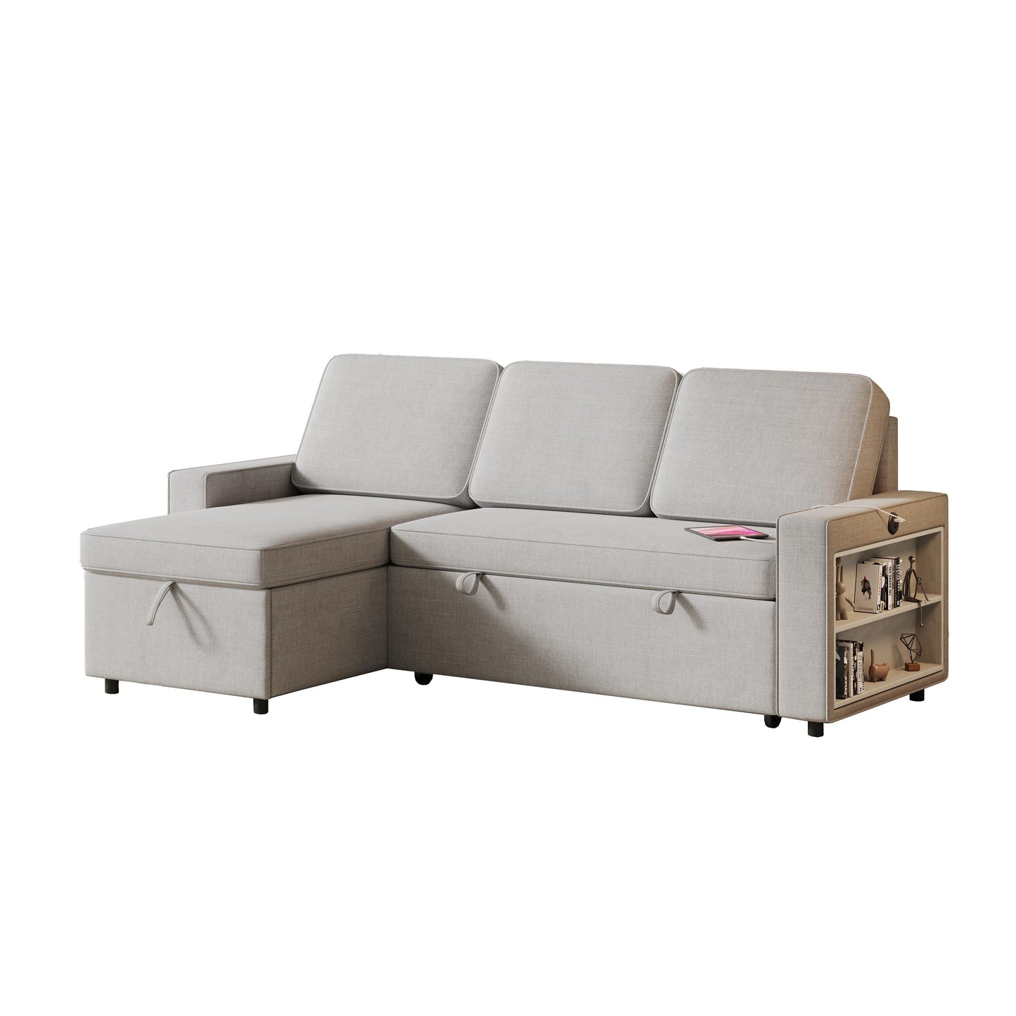 Divano letto a 3 posti in tessuto grigio a forma di L da 85,8'' con letto estraibile, chaise longue contenitore, porta USB e ripiani portaoggetti