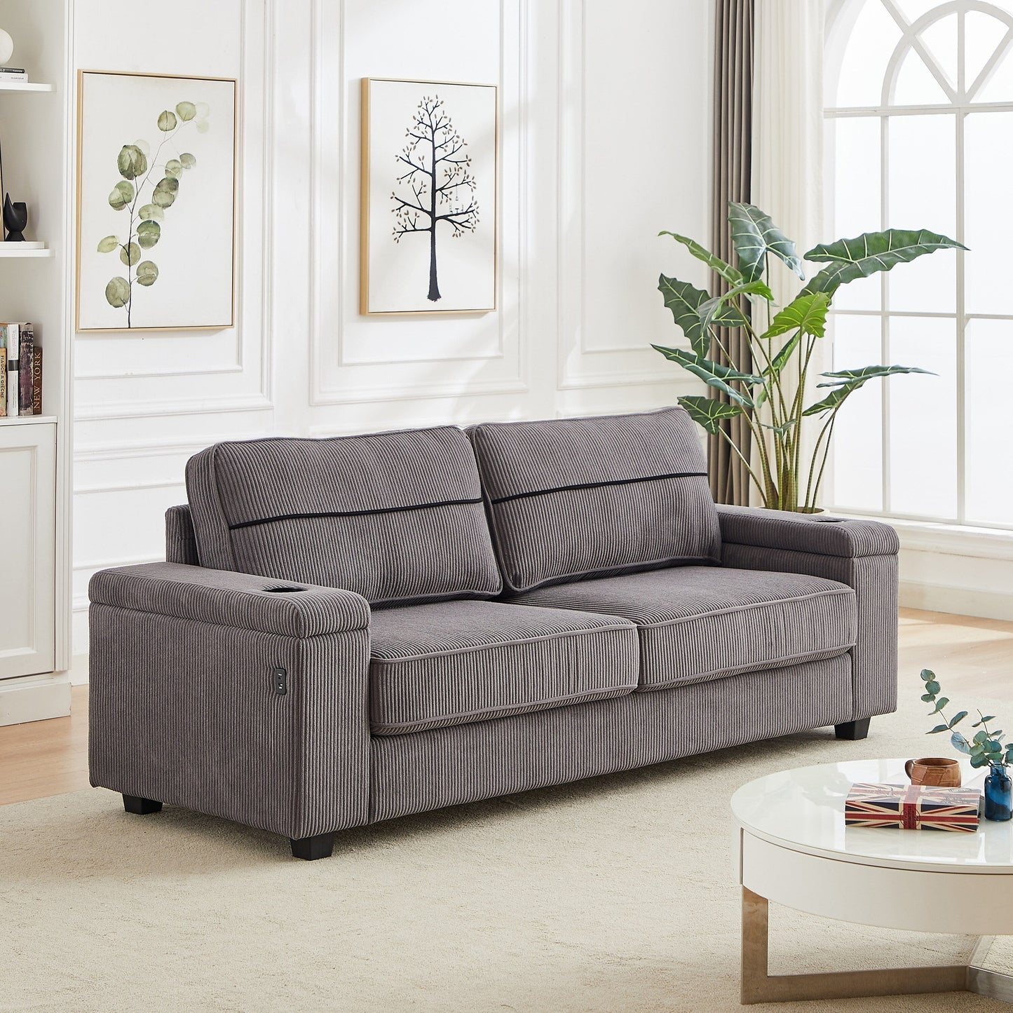 Divano a 3 posti in velluto a coste grigio 86,5 con porte USB, schienale reversibile, braccioli portaoggetti e portabicchieri