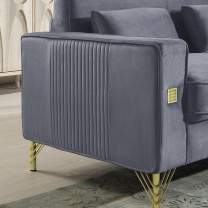 Divano a 3 posti in velluto grigio 86.61 con cuscini e gambe in metallo con finitura dorata per soggiorno