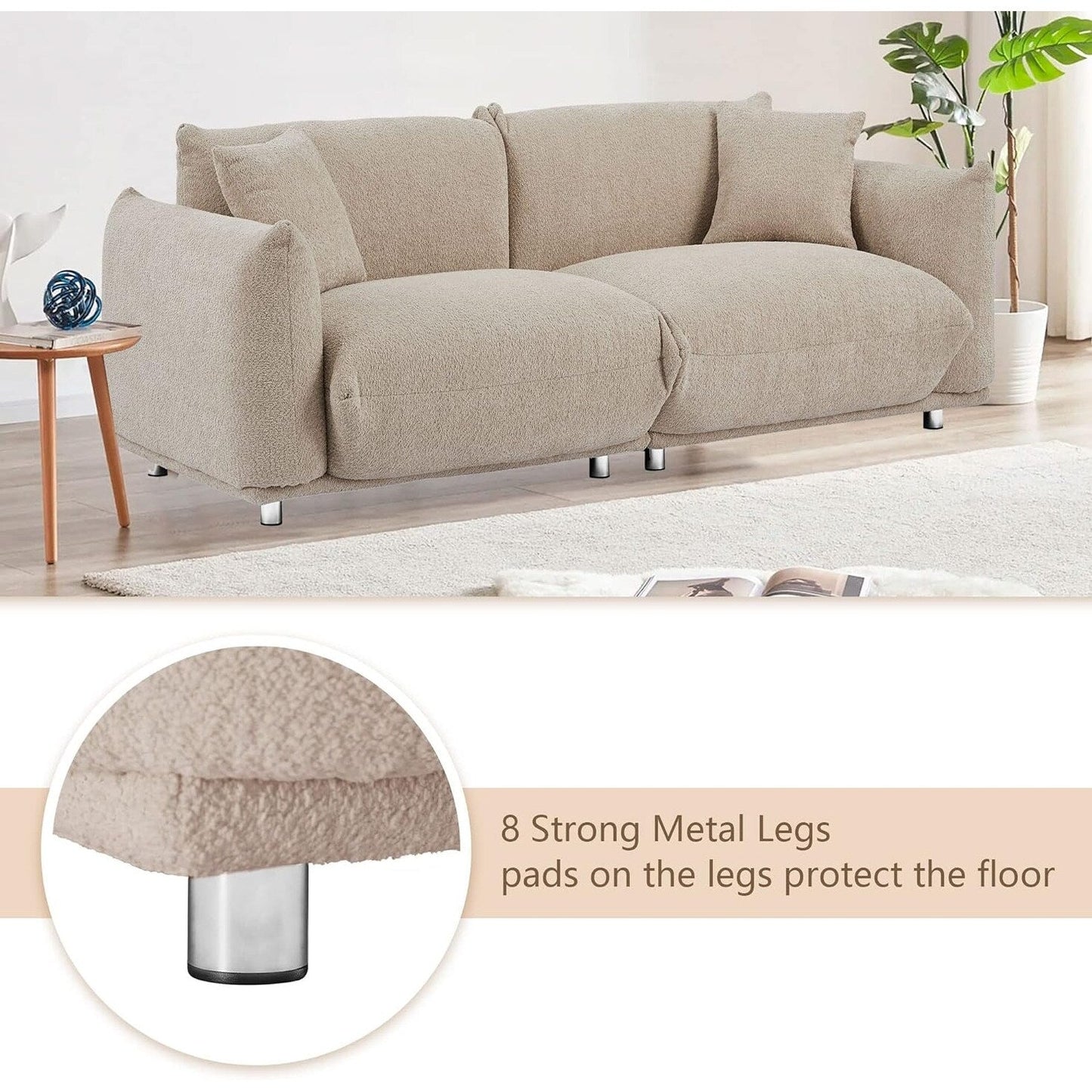 Divano a due posti oversize grigio da 87'' con gambe in metallo, struttura in legno massello e 2 cuscini