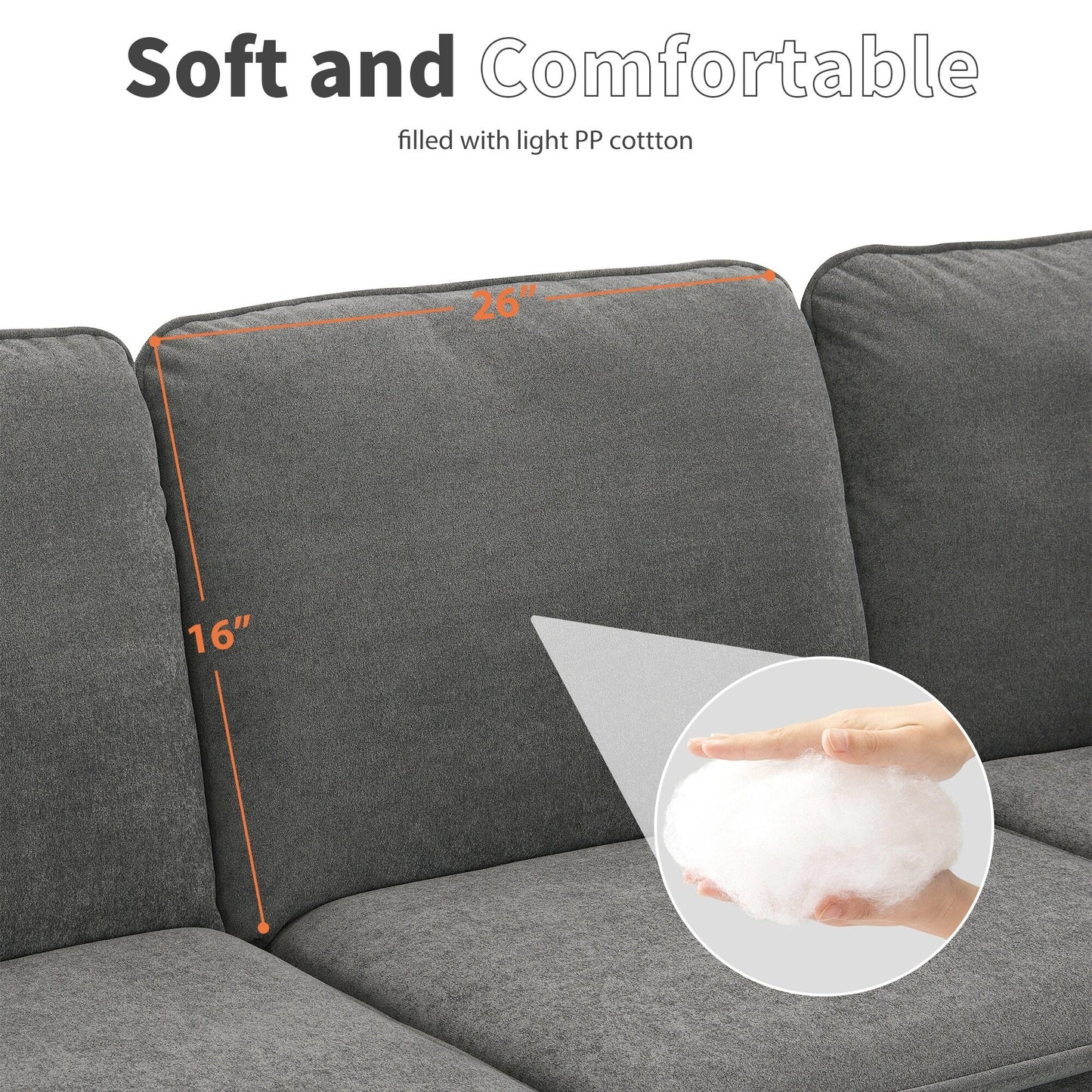 Divano componibile a L da 89'' in velluto grigio a 5 posti con doppi cuscini, struttura in legno robusto e ferro