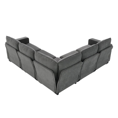 Divano componibile a L da 89'' in velluto grigio a 5 posti con doppi cuscini, struttura in legno robusto e ferro