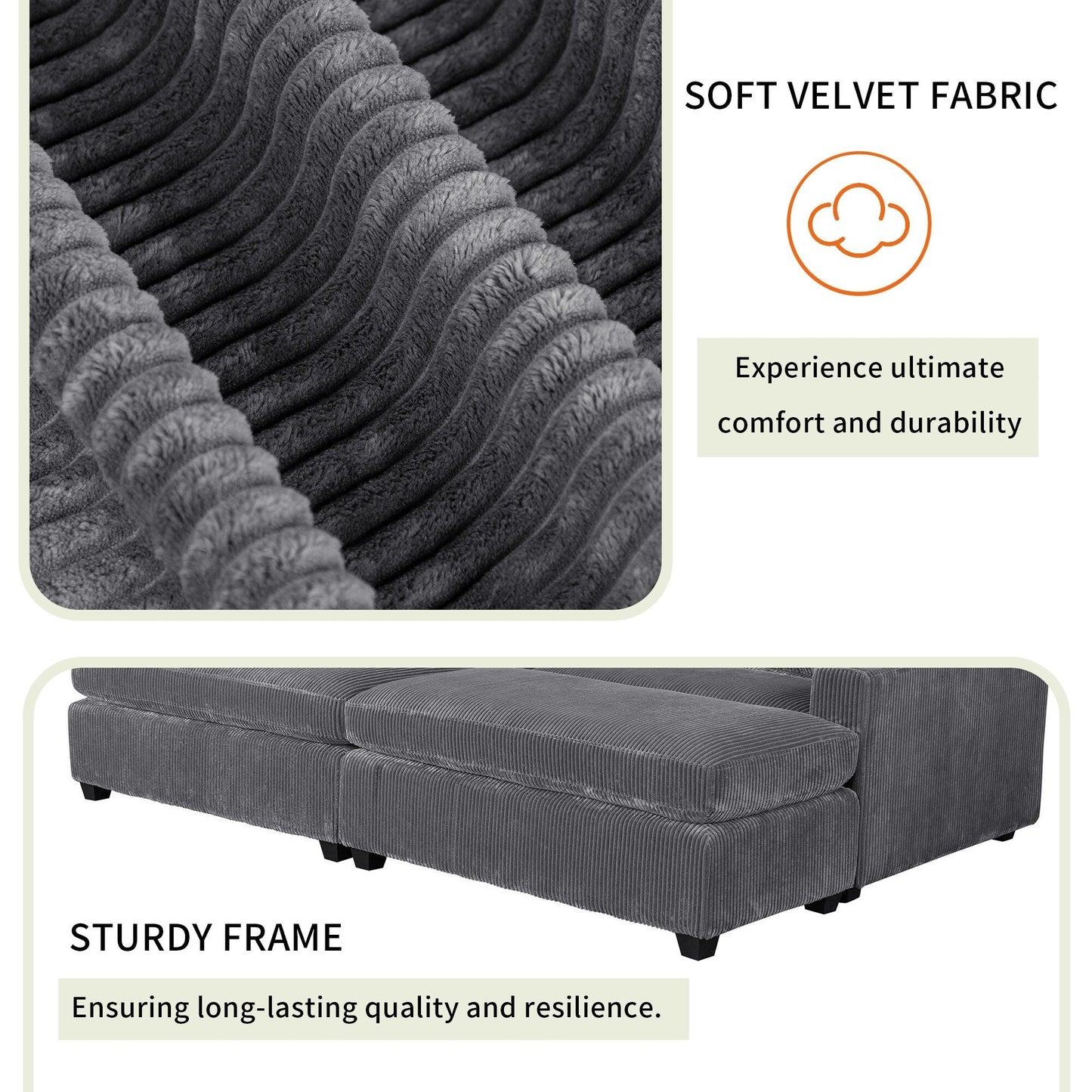 Divano letto a 2 posti in velluto a coste grigio da 90'' con cuscini rimovibili, 2 cuscini e pouf staccabili