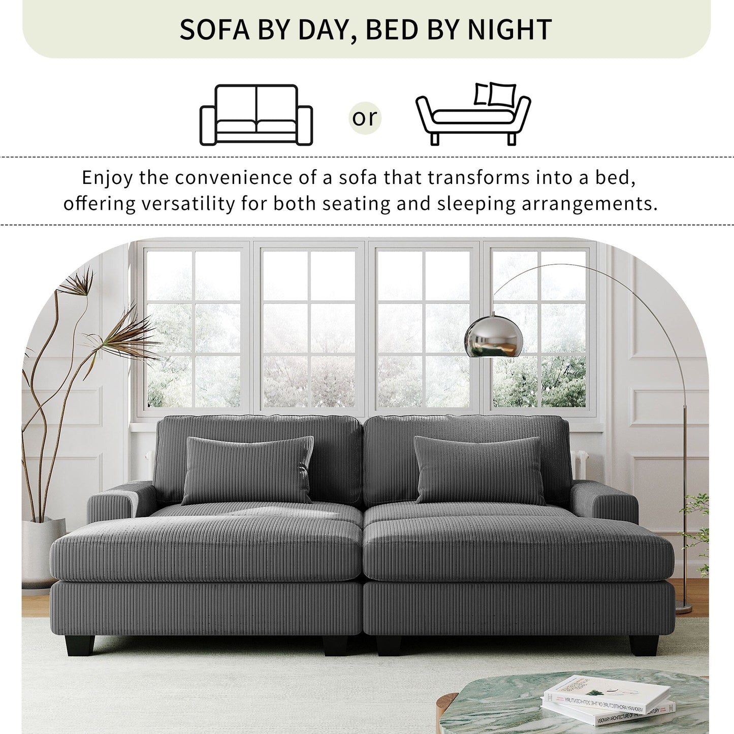 Divano a 2 posti in poliestere grigio da 90'' con cuscini dello schienale rimovibili e pouf staccabili