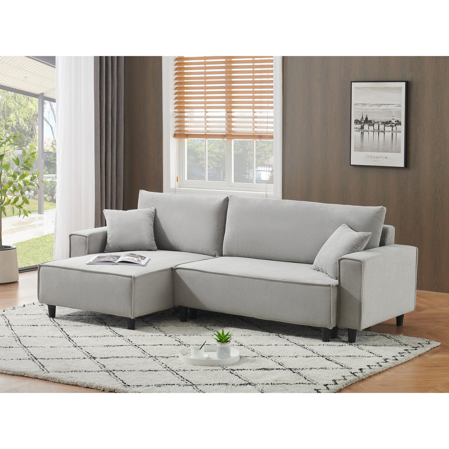 Divano letto a 3 posti in velluto a coste grigio da 93'' con 2 cuscini, chaise longue convertibile, contenitore e configurazione regolabile