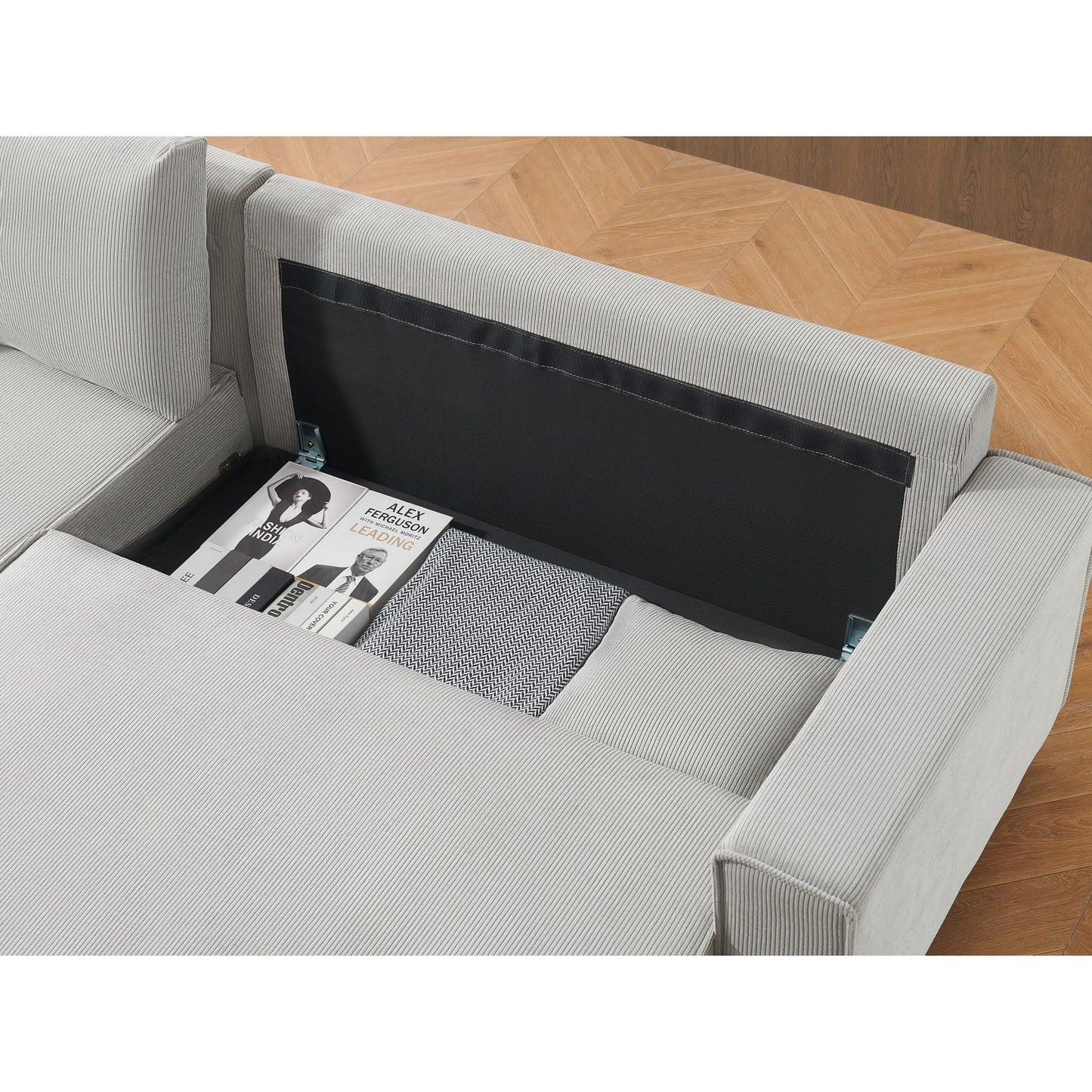 Divano letto a 3 posti in velluto a coste grigio da 93'' con 2 cuscini, chaise longue convertibile, contenitore e configurazione regolabile