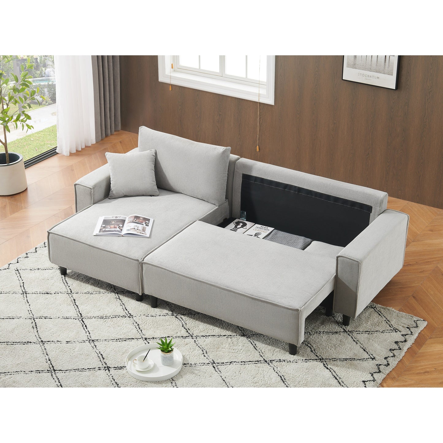 Divano letto a 3 posti in velluto a coste grigio da 93'' con 2 cuscini, chaise longue convertibile, contenitore e configurazione regolabile