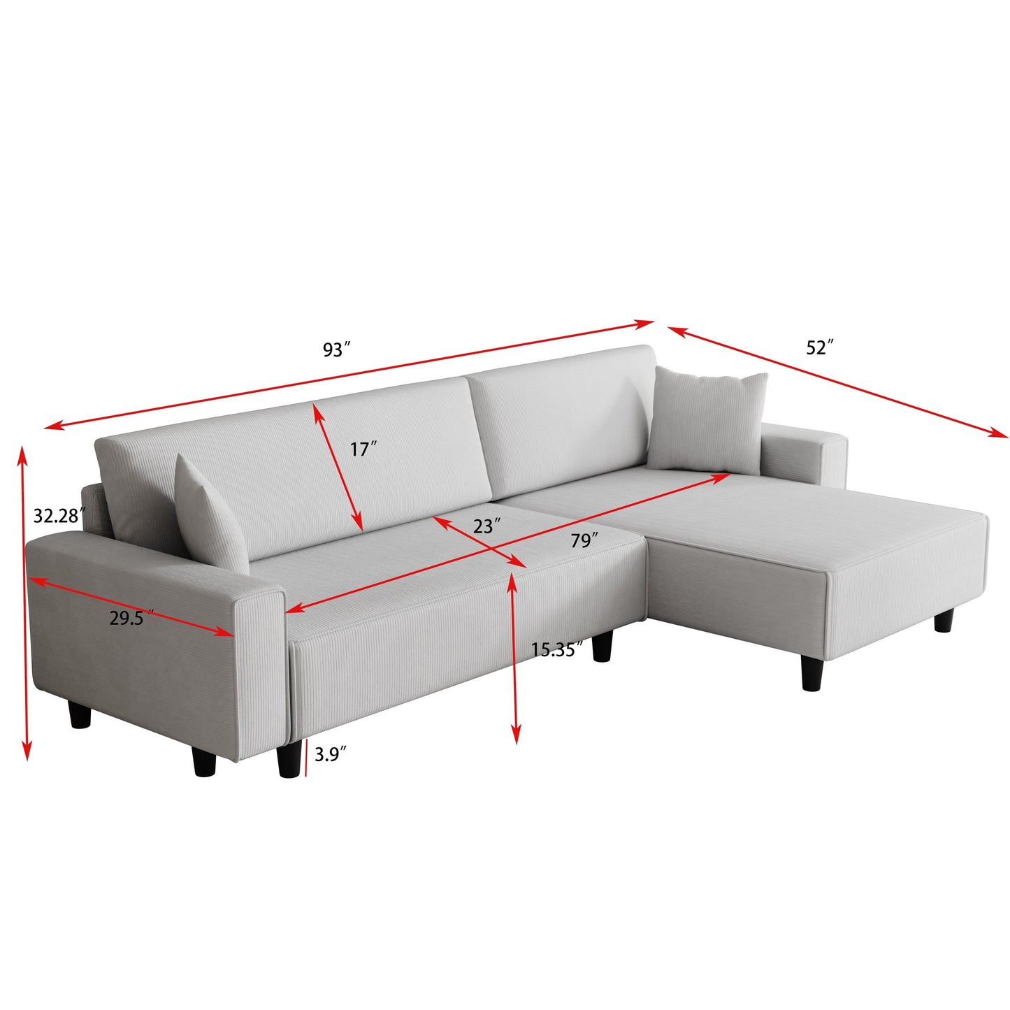 Divano letto a 3 posti in velluto a coste grigio da 93'' con 2 cuscini, chaise longue convertibile, contenitore e configurazione regolabile
