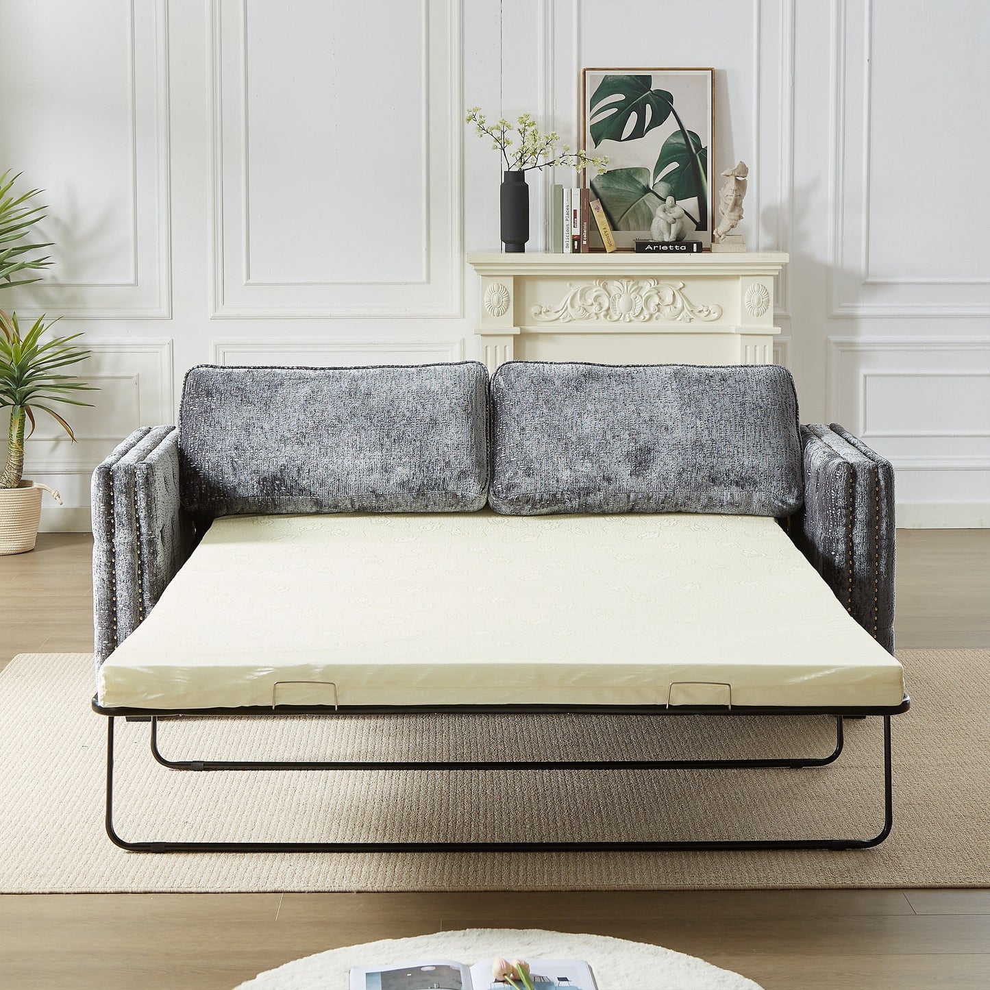 Divano letto in ciniglia grigia con materasso in memory foam