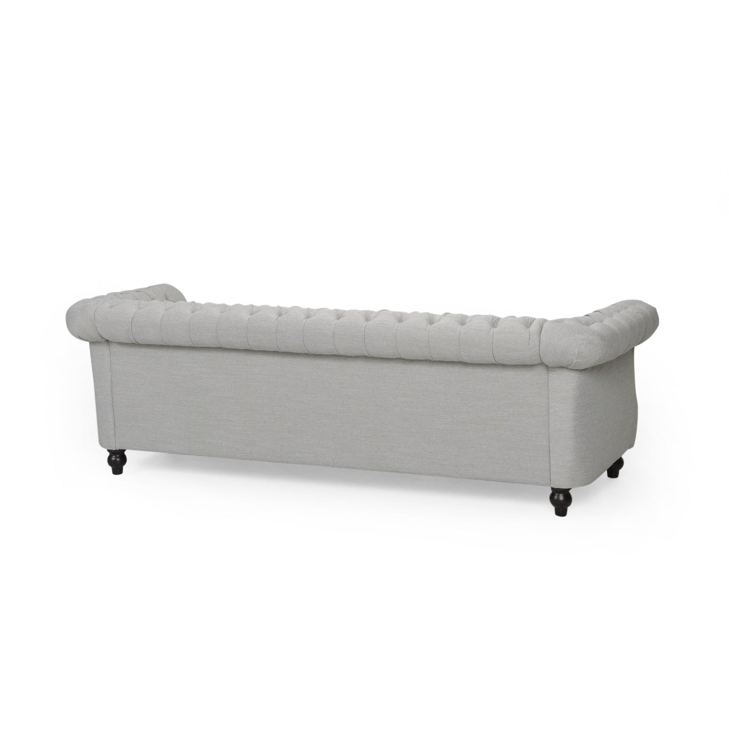 Divano Chesterfield grigio 84.75 imbottito con bottoni, 3 posti, borchie e gambe in legno