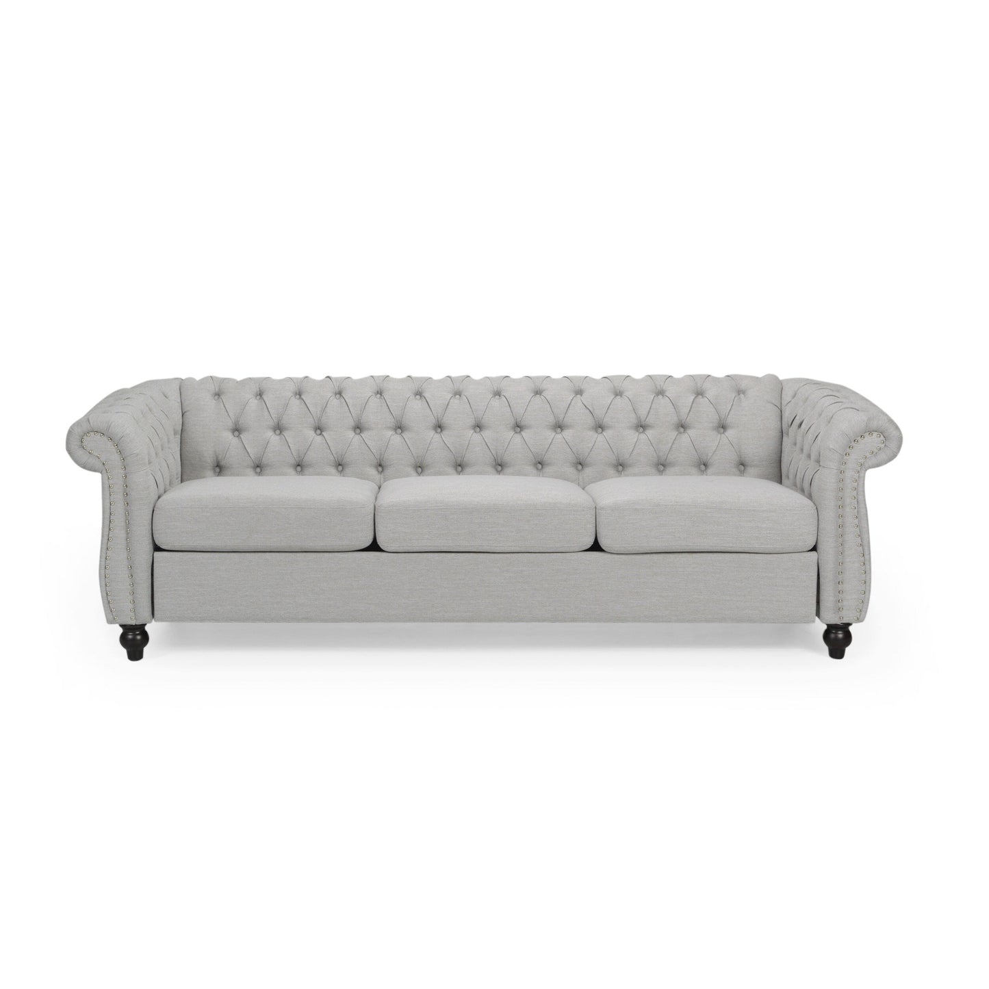 Divano Chesterfield grigio 84.75 imbottito con bottoni, 3 posti, borchie e gambe in legno