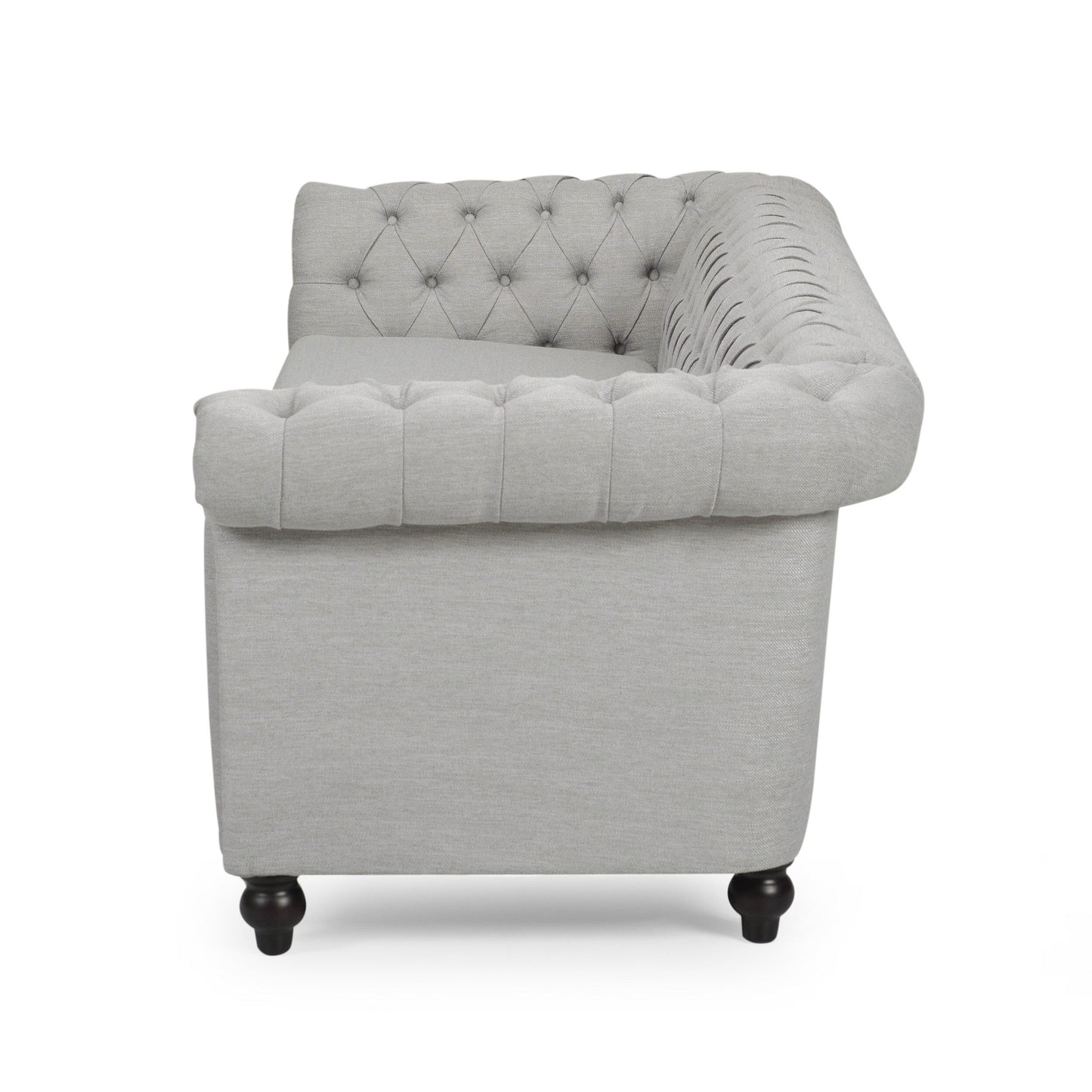 Divano Chesterfield grigio 84.75 imbottito con bottoni, 3 posti, borchie e gambe in legno