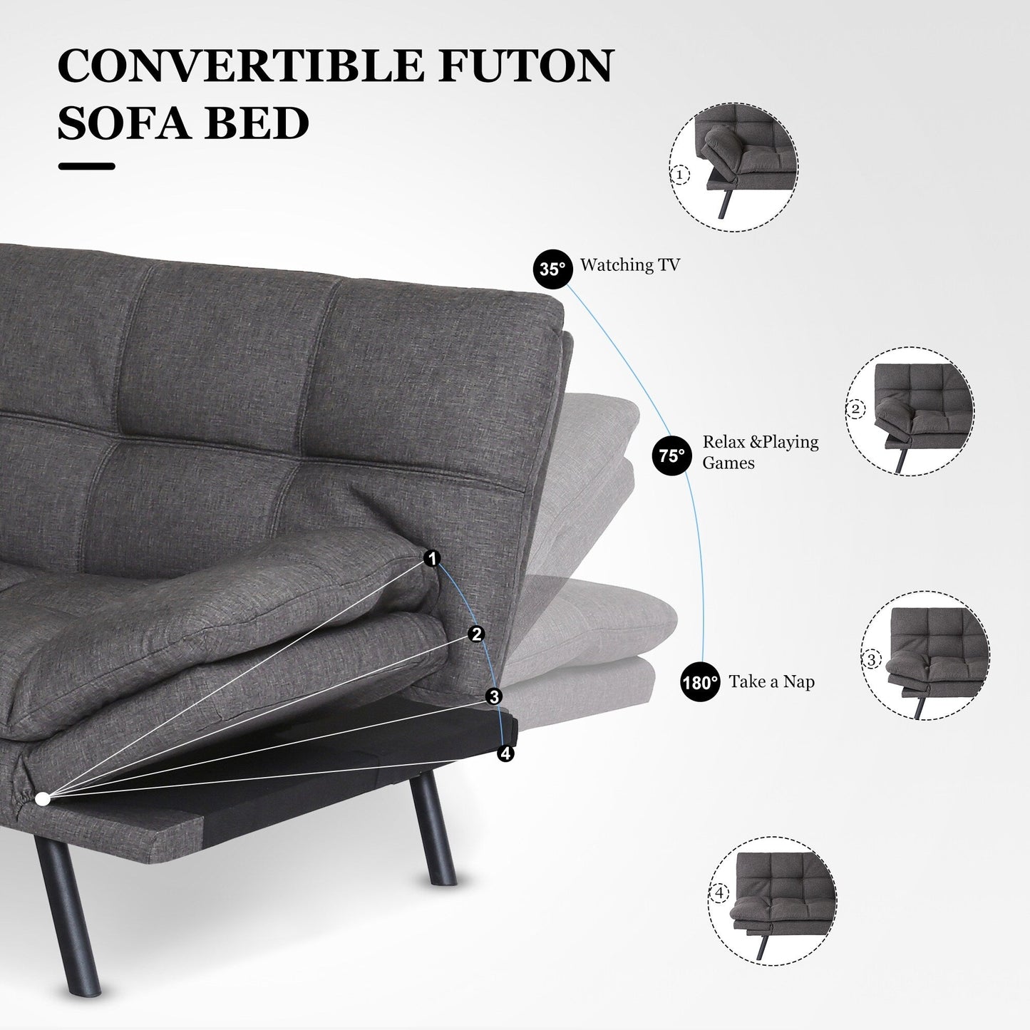 Divano letto trasformabile grigio con braccioli regolabili