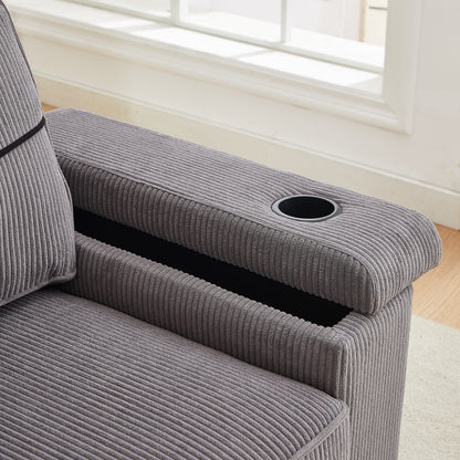 Divano a 3 posti in velluto a coste grigio con porte USB e portabicchieri