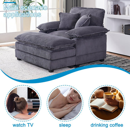 Divano a seduta profonda in velluto a coste grigio con pouf