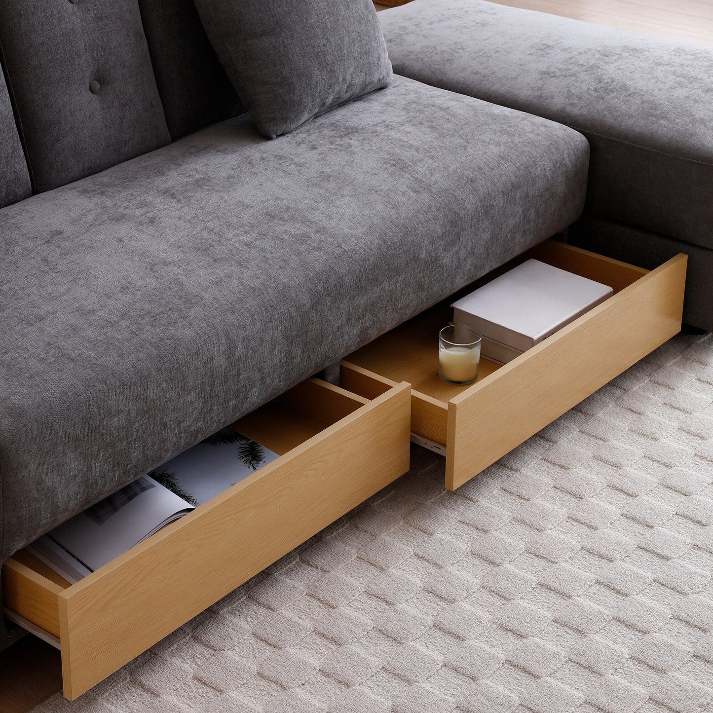 Divano letto trasformabile in lino e cotone grigio con contenitore