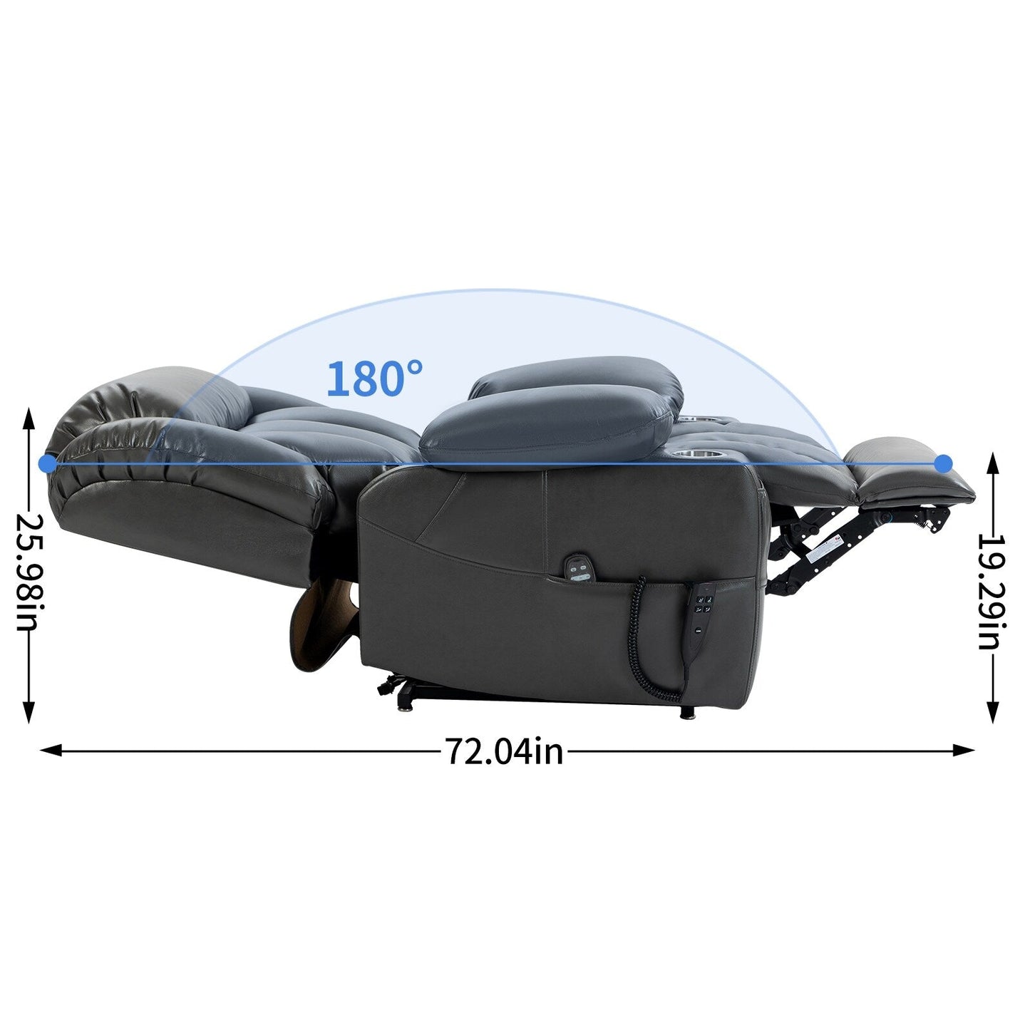 Poltrona reclinabile elettrica a doppio motore grigia con reclinazione a 180°, massaggio e riscaldamento lombare, portabicchieri in acciaio inossidabile e tasche laterali