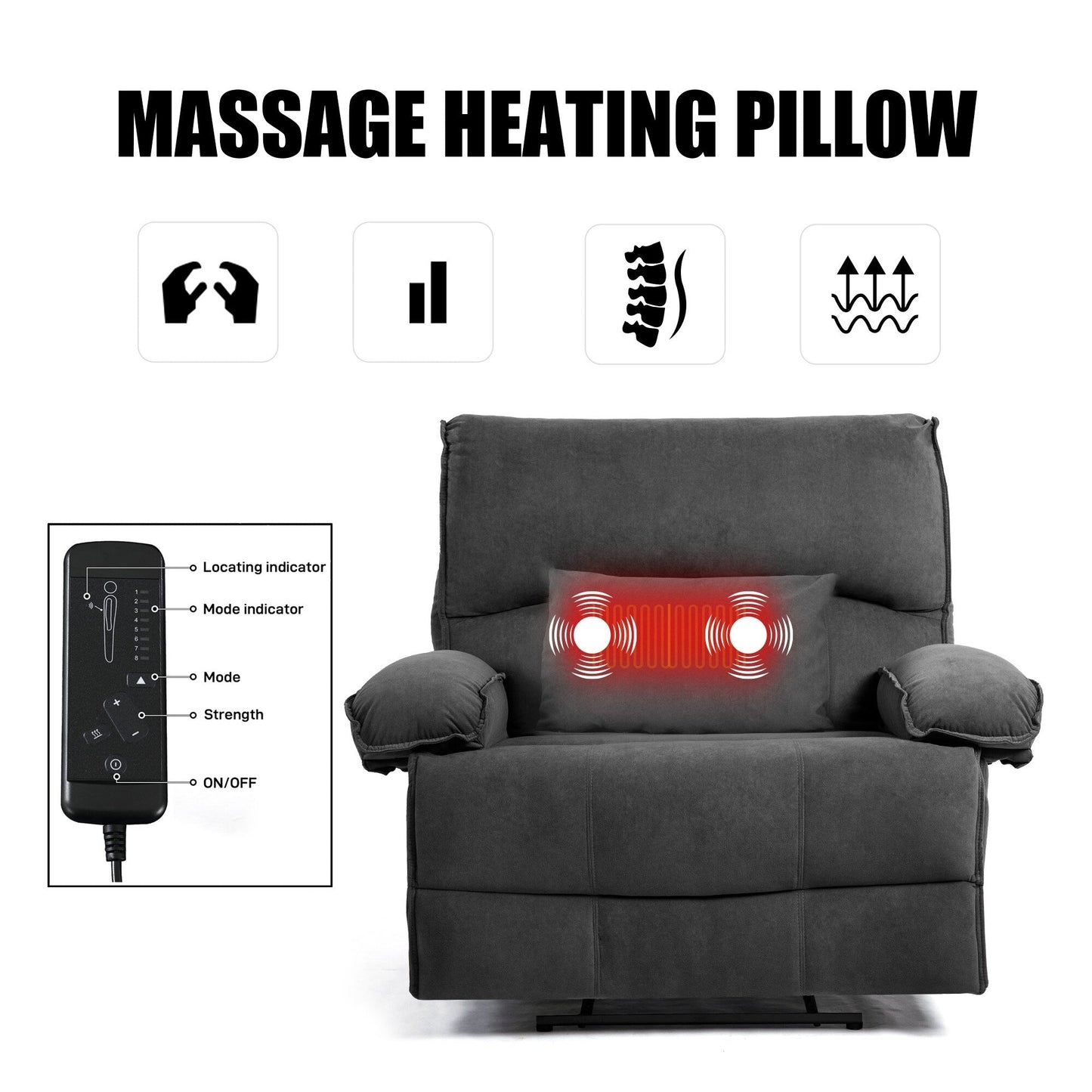 Poltrona reclinabile extra-large grigia con schienale push-back, cuscino massaggiante riscaldato, morbido tessuto in pile e comfort morbido